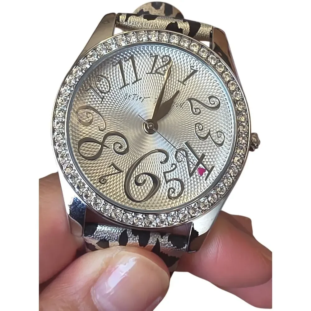 Betsey Johnson Silver Crystal Leopard Print Watch